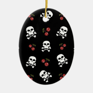 RAB Rockabilly Skulls and Cherries on Black Ceramic Ornament