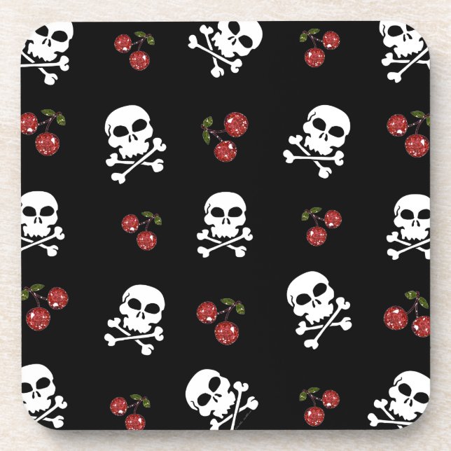 RAB Rockabilly Skulls and Cherries on Black Coaster (Front)