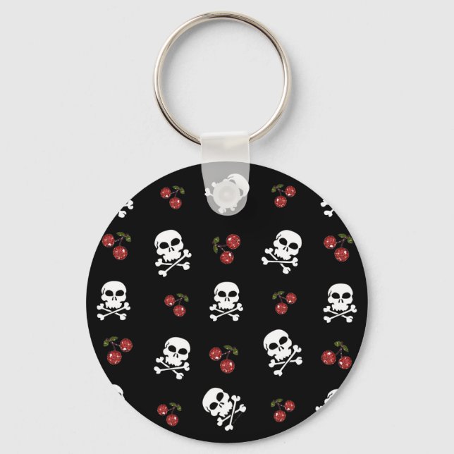 RAB Rockabilly Skulls and Cherries on Black Keychain (Front)