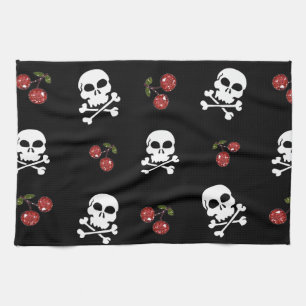 RAB Rockabilly Skulls and Cherries on Black Kitchen Towel