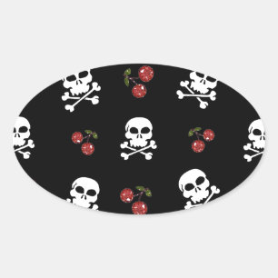 RAB Rockabilly Skulls and Cherries on Black Oval Sticker