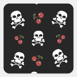 RAB Rockabilly Skulls and Cherries on Black Square Sticker