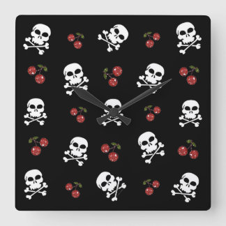 RAB Rockabilly Skulls and Cherries on Black Square Wall Clock