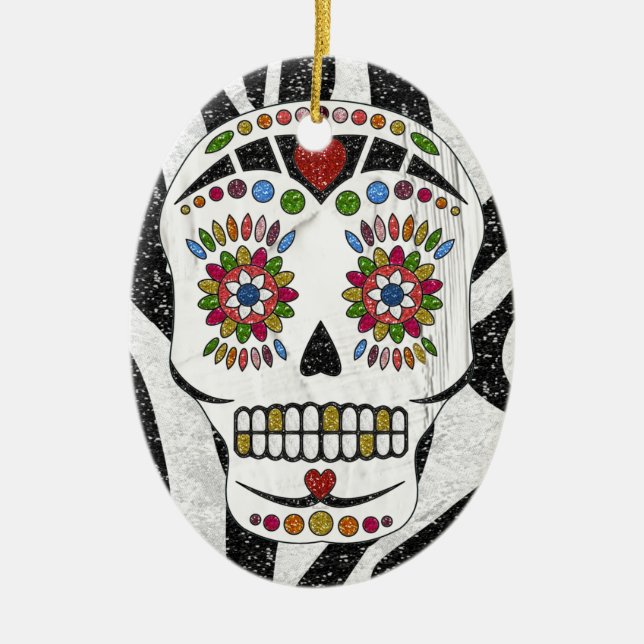 RAB Rockabilly Sugar Skull on Zebra Print Ceramic Ornament (Front)
