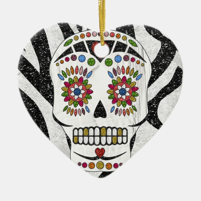 RAB Rockabilly Sugar Skull on Zebra Print Ceramic Ornament (Front)