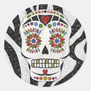 RAB Rockabilly Sugar Skull on Zebra Print Classic Round Sticker