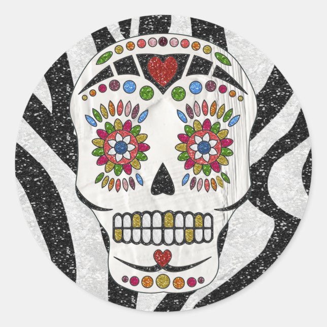 RAB Rockabilly Sugar Skull on Zebra Print Classic Round Sticker (Front)