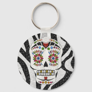 RAB Rockabilly Sugar Skull on Zebra Print Keychain
