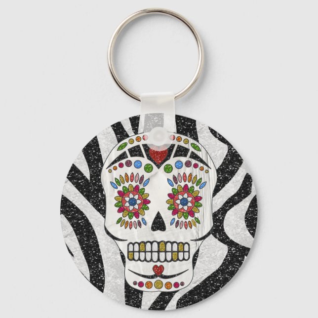 RAB Rockabilly Sugar Skull on Zebra Print Keychain (Front)