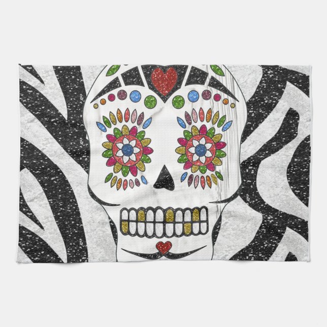 RAB Rockabilly Sugar Skull on Zebra Print Kitchen Towel (Horizontal)