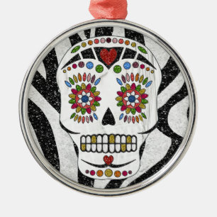 RAB Rockabilly Sugar Skull on Zebra Print Metal Ornament