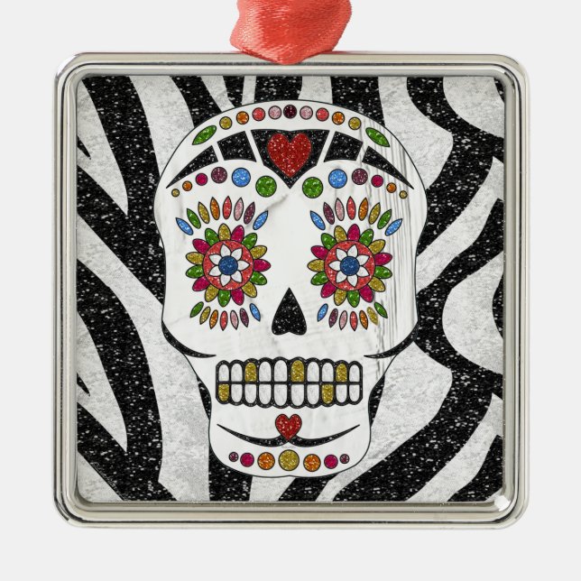 RAB Rockabilly Sugar Skull on Zebra Print Metal Ornament (Front)