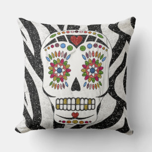 RAB Rockabilly Sugar Skull on Zebra Print Throw Pillow