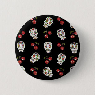 RAB Rockabilly Sugar Skulls Cherries On Black 2 Inch Round Button