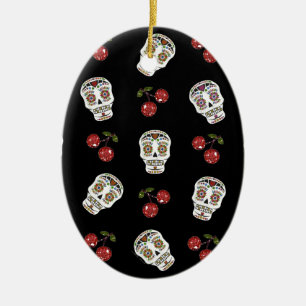 RAB Rockabilly Sugar Skulls Cherries On Black Ceramic Ornament