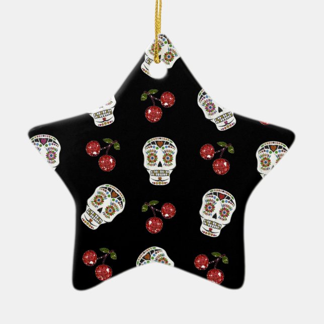 RAB Rockabilly Sugar Skulls Cherries On Black Ceramic Ornament (Front)