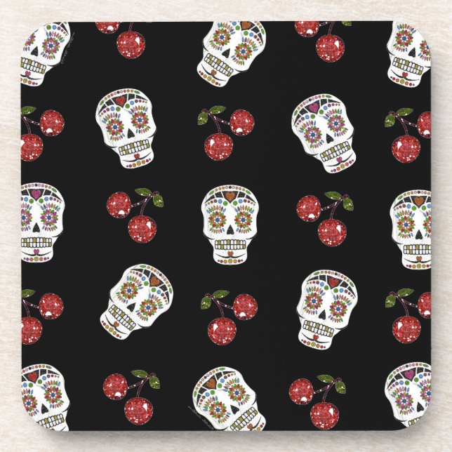 RAB Rockabilly Sugar Skulls Cherries On Black Coaster (Front)