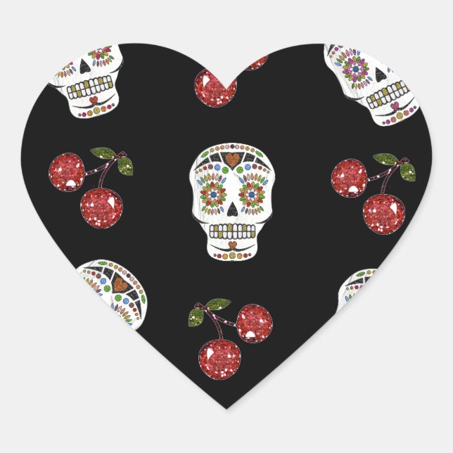 RAB Rockabilly Sugar Skulls Cherries On Black Heart Sticker (Front)