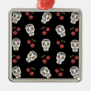 RAB Rockabilly Sugar Skulls Cherries On Black Metal Ornament