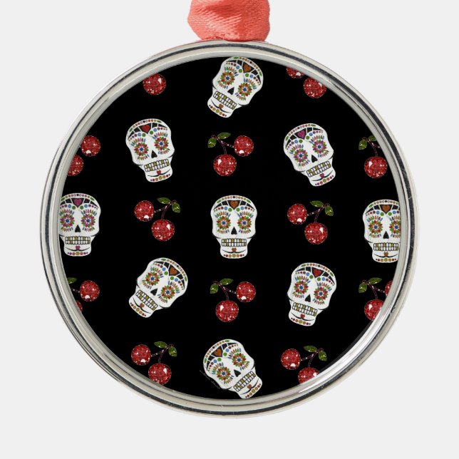 RAB Rockabilly Sugar Skulls Cherries On Black Metal Ornament (Front)