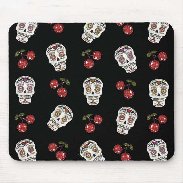 RAB Rockabilly Sugar Skulls Cherries On Black Mouse Pad (Front)