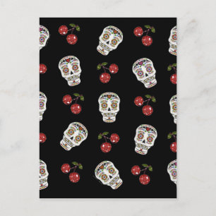 RAB Rockabilly Sugar Skulls Cherries On Black Postcard