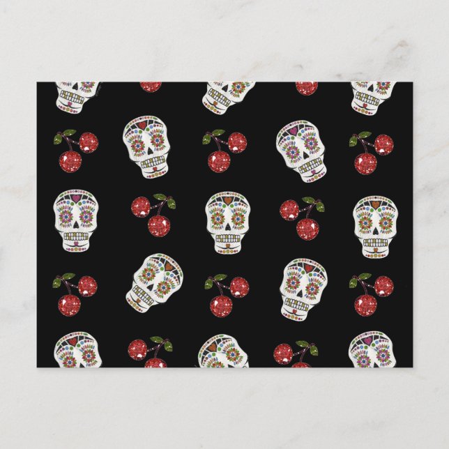 RAB Rockabilly Sugar Skulls Cherries On Black Postcard (Front)