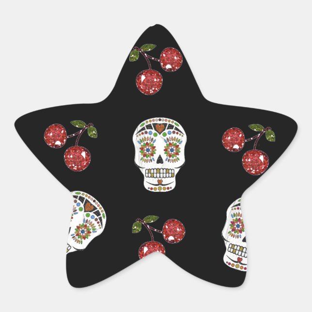 RAB Rockabilly Sugar Skulls Cherries On Black Star Sticker (Front)