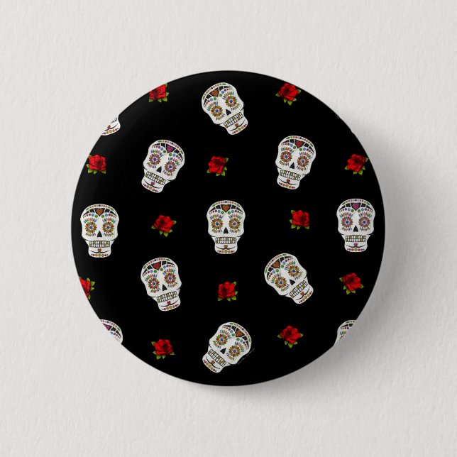 RAB Rockabilly Sugar Skulls Roses On Black 2 Inch Round Button (Front)