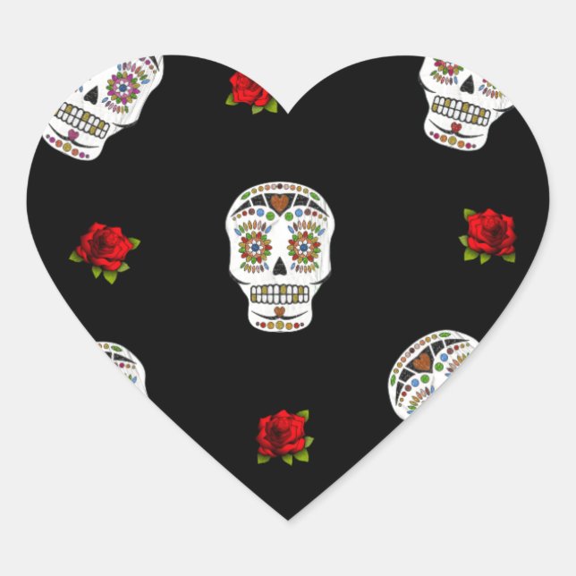 RAB Rockabilly Sugar Skulls Roses On Black Heart Sticker (Front)