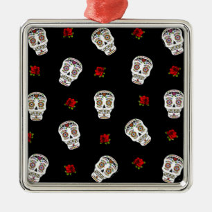 RAB Rockabilly Sugar Skulls Roses On Black Metal Ornament