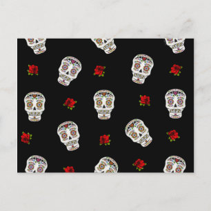 RAB Rockabilly Sugar Skulls Roses On Black Postcard