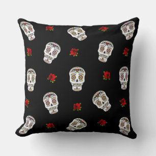 RAB Rockabilly Sugar Skulls Roses On Black Throw Pillow