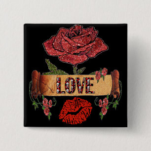 RAB Rockabilly Valentine Roses, Love & Lipstick 2 Inch Square Button