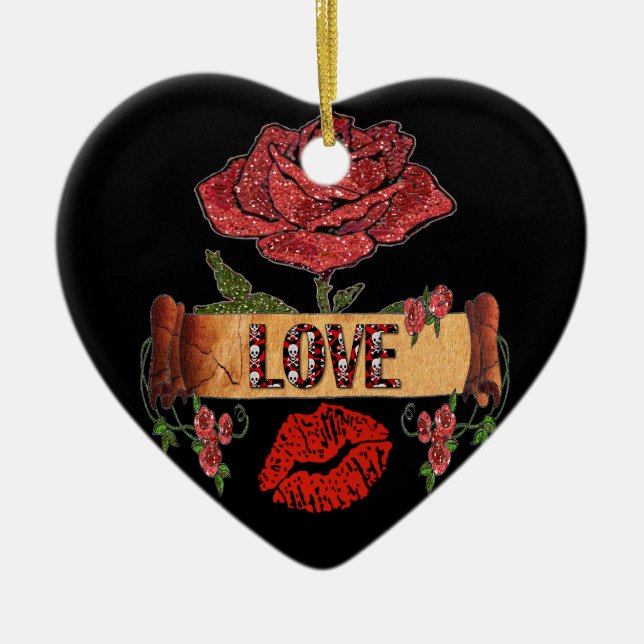 RAB Rockabilly Valentine Roses, Love & Lipstick Ceramic Ornament (Front)