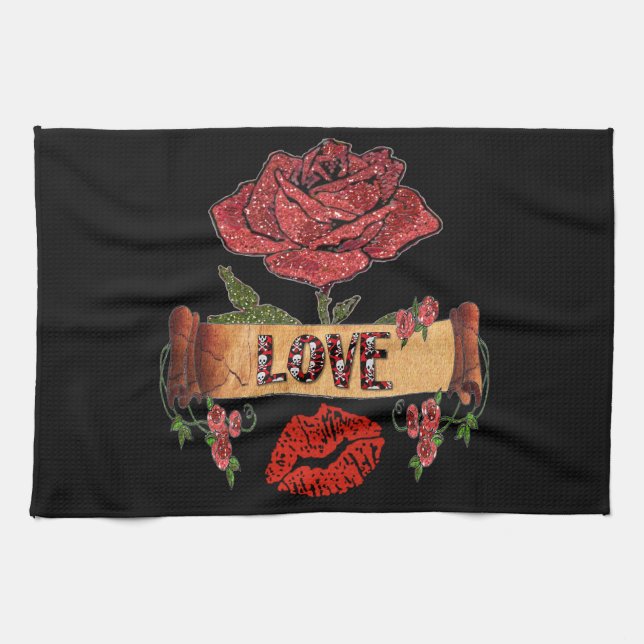 RAB Rockabilly Valentine Roses, Love & Lipstick Kitchen Towel (Horizontal)