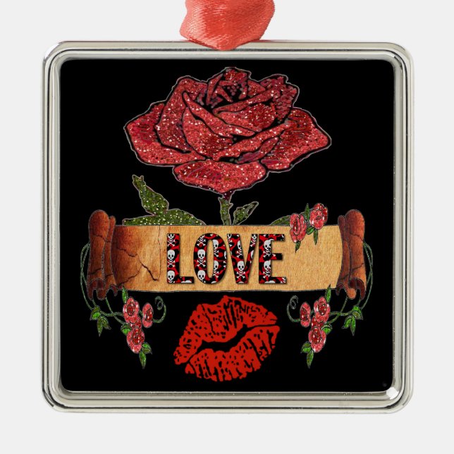 RAB Rockabilly Valentine Roses, Love & Lipstick Metal Ornament (Front)