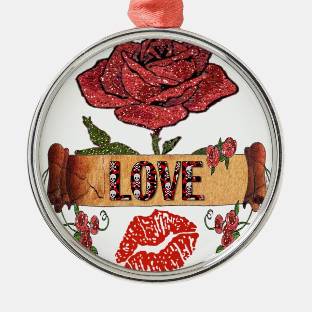 RAB Rockabilly Valentine Roses, Love & Lipstick Metal Ornament (Front)