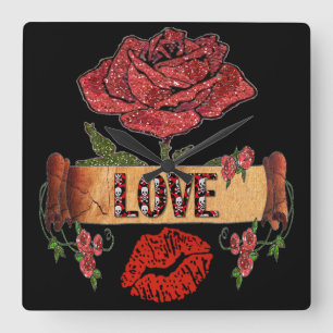 RAB Rockabilly Valentine Roses, Love & Lipstick Square Wall Clock
