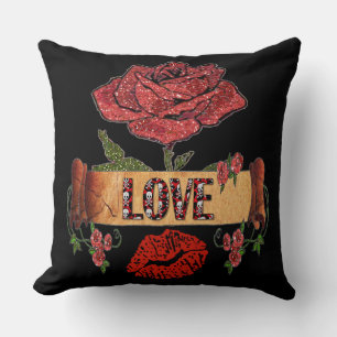 RAB Rockabilly Valentine Roses, Love & Lipstick Throw Pillow