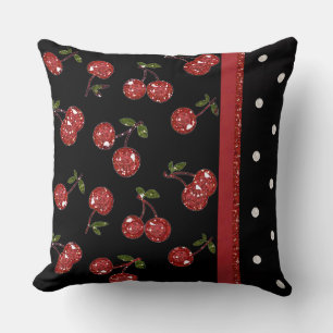 RAB Rockabilly Very Cherry Cherries Black Throw Pillow