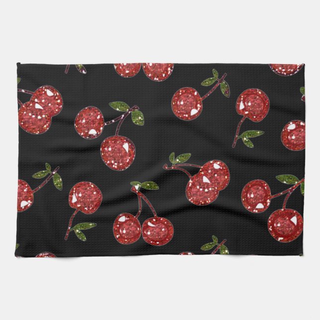 RAB Rockabilly Very Cherry Cherries On Black Kitchen Towel (Horizontal)