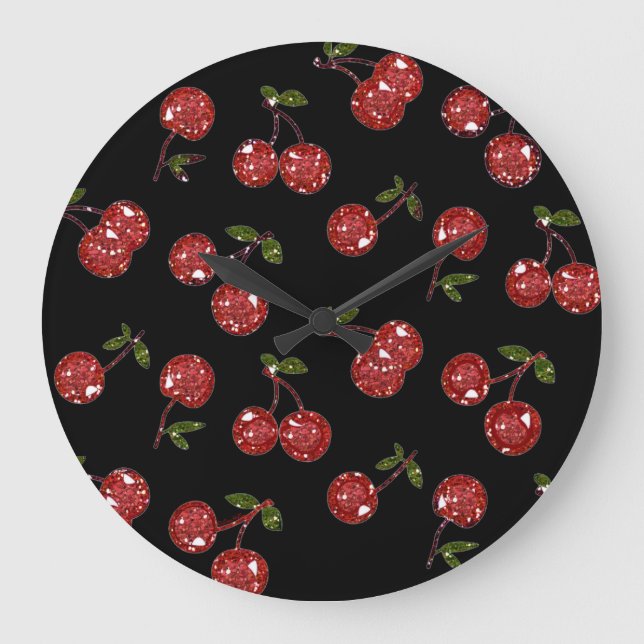 RAB Rockabilly Very Cherry Cherries On Black Large Clock (Front)