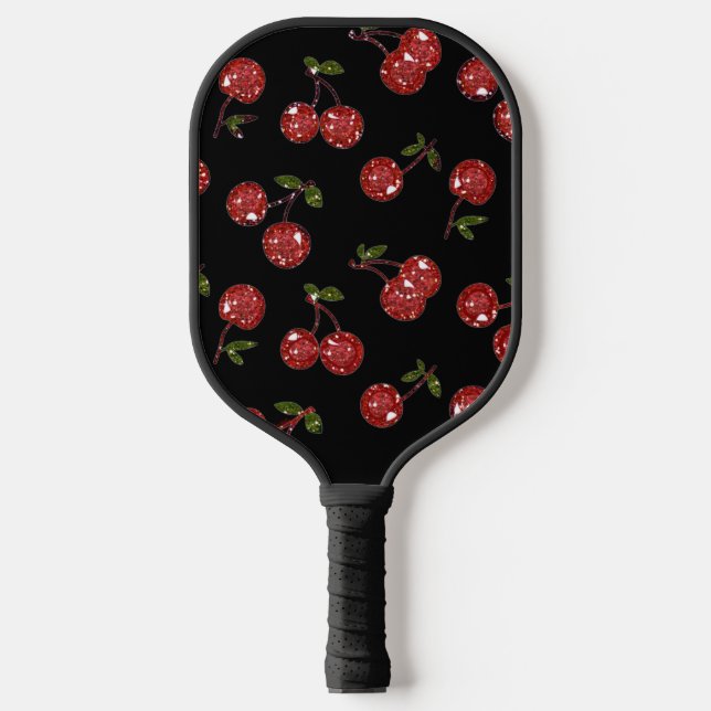 RAB Rockabilly Very Cherry Cherries On Black Pickleball Paddle (Front)