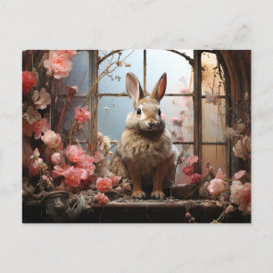 Rabbit adorable avec Fleurs roses Carte postale