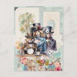 Rabbit, Alice and Mad Hatter in Top Hats Postcard