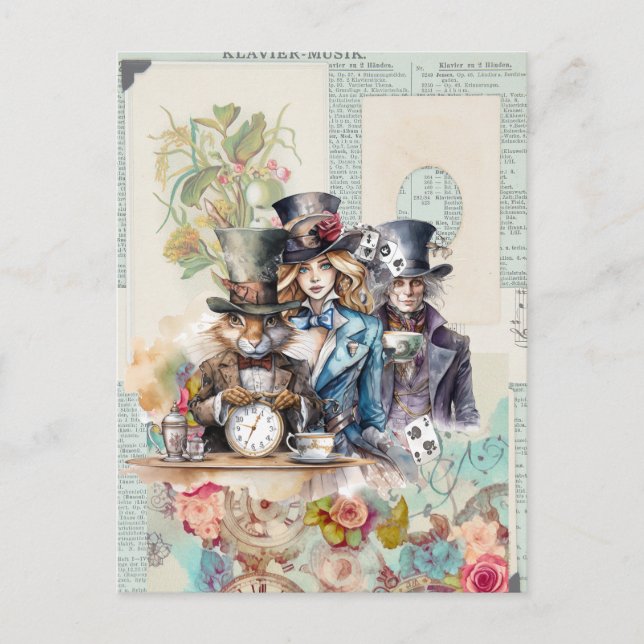 Rabbit, Alice and Mad Hatter in Top Hats Postcard (Front)
