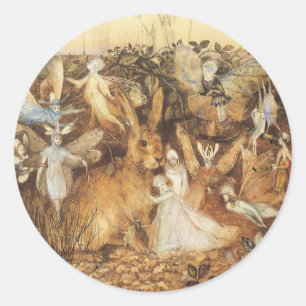 Rabbit Among the Fairies, Vintage Fairy Tales Classic Round Sticker