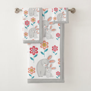 Rabbit and bunny, flowers pattern grey Mothers Day Bath Towel Set