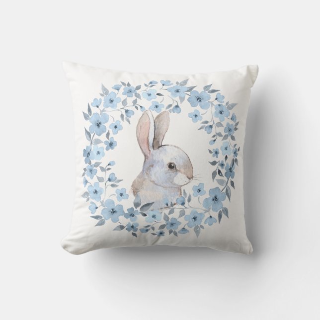 Rabbit and floral wreath throw pillow (Front)